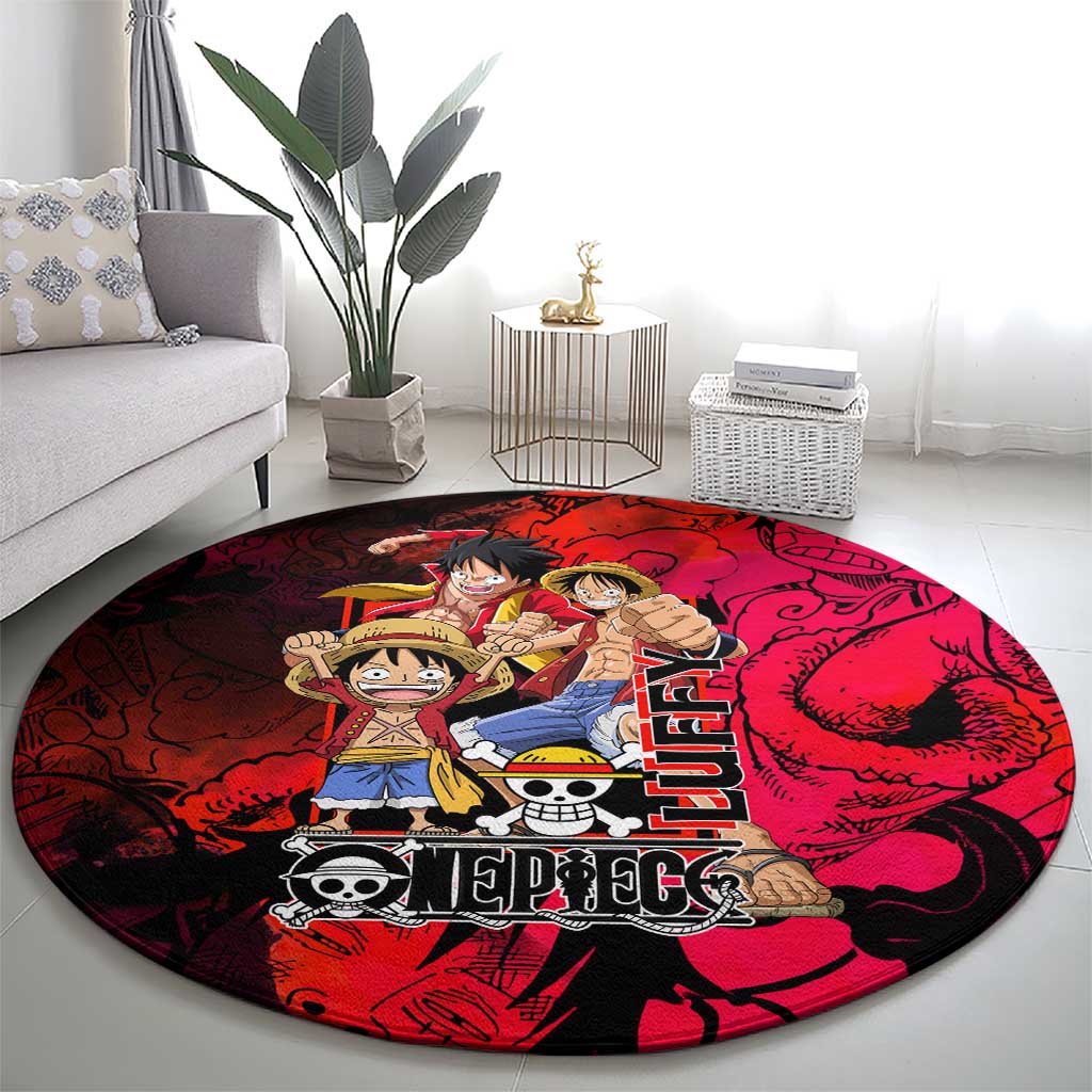 Luffy One Piece Red Theme Round Carpet with Straw Hat Crew and Gear Transformation Design - The Mazicc