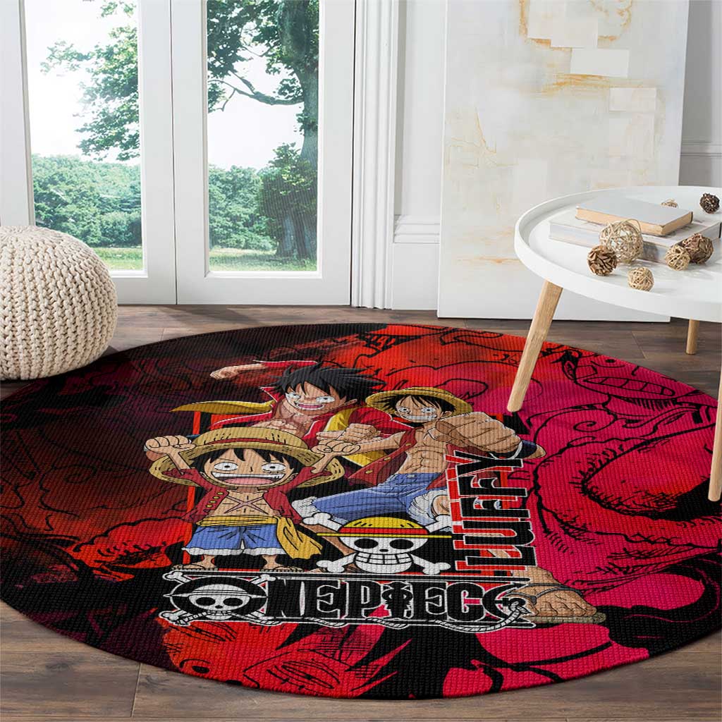 Luffy One Piece Red Theme Round Carpet with Straw Hat Crew and Gear Transformation Design - The Mazicc