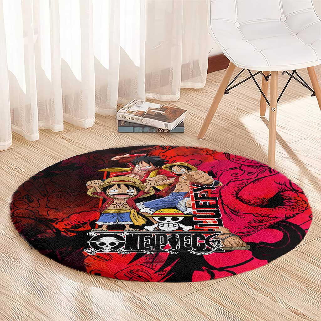 Luffy One Piece Red Theme Round Carpet with Straw Hat Crew and Gear Transformation Design - The Mazicc