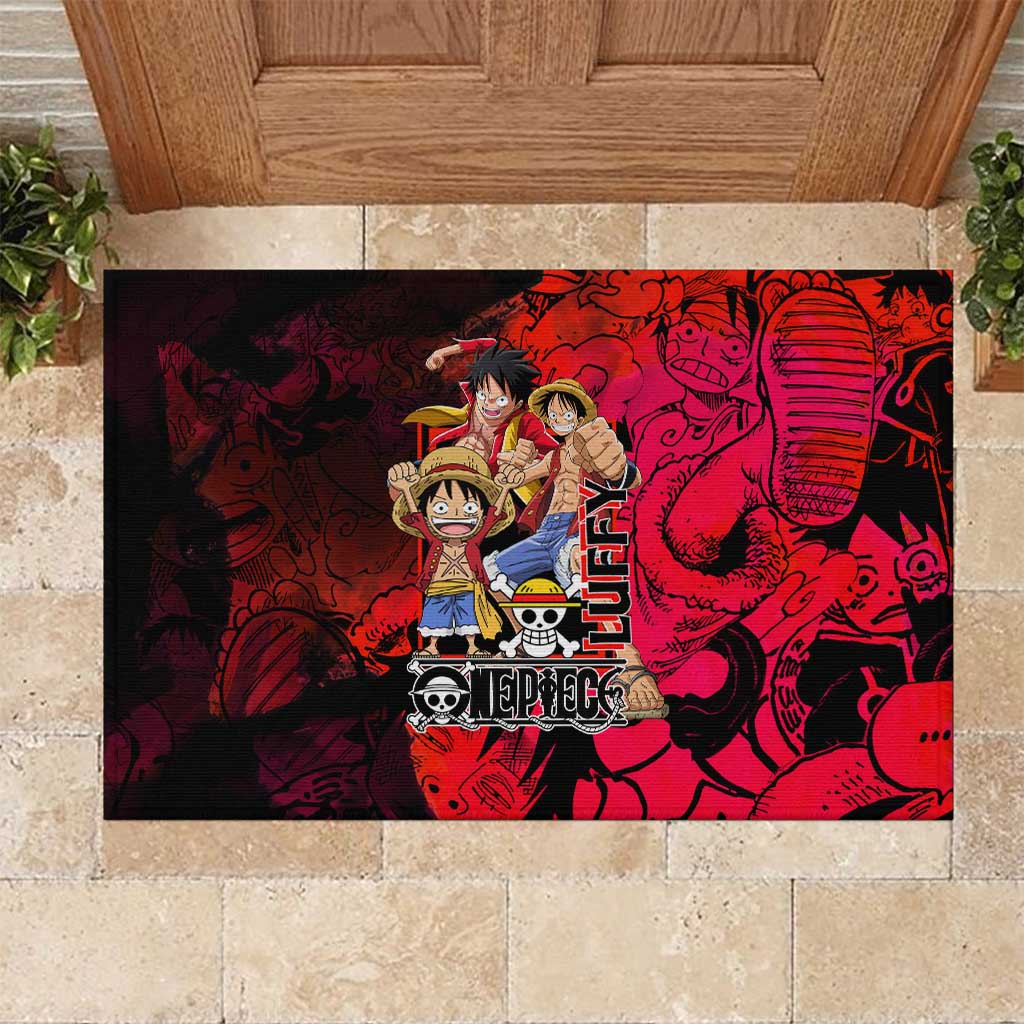 Luffy One Piece Red Theme Rubber Doormat with Straw Hat Crew and Gear Transformation Design - The Mazicc