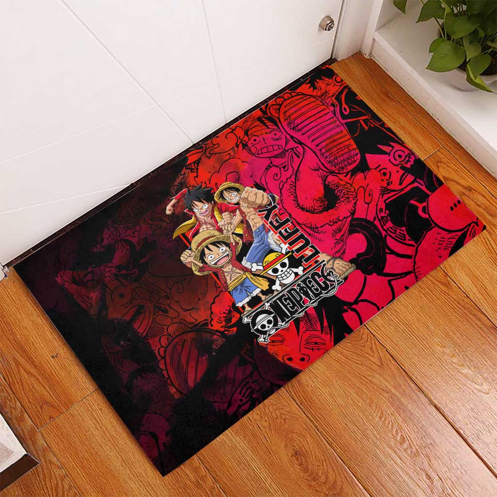 Luffy One Piece Red Theme Rubber Doormat with Straw Hat Crew and Gear Transformation Design - The Mazicc
