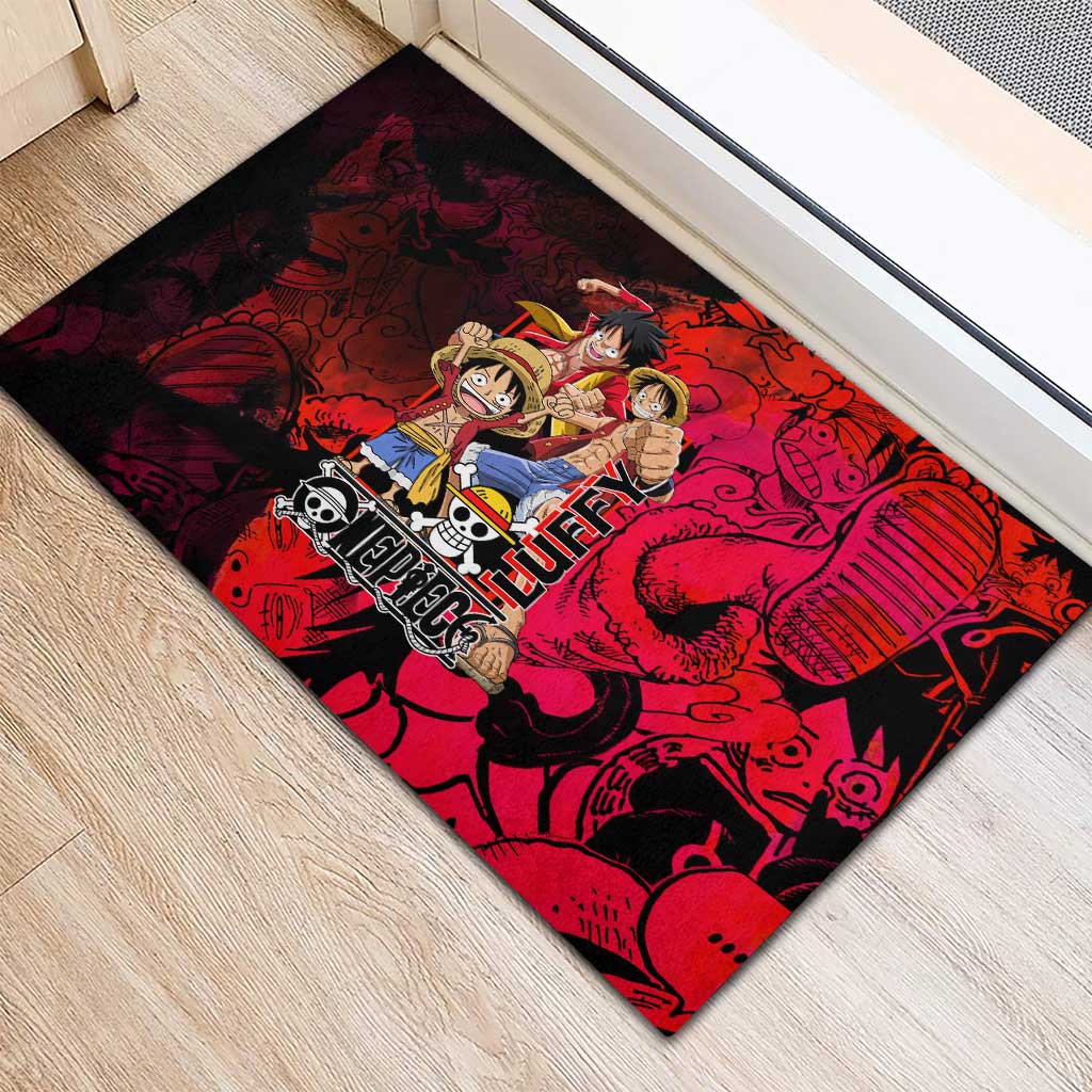 Luffy One Piece Red Theme Rubber Doormat with Straw Hat Crew and Gear Transformation Design - The Mazicc