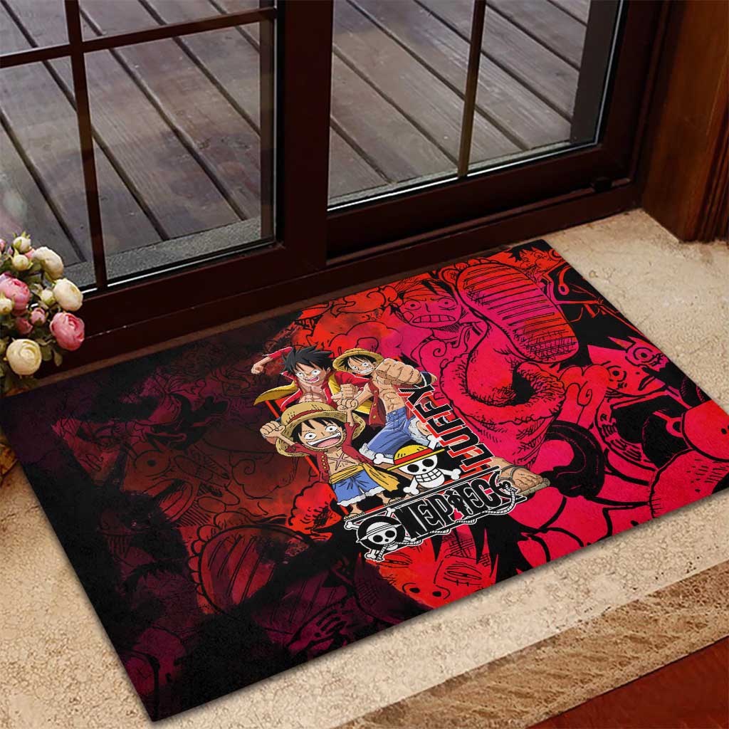 Luffy One Piece Red Theme Rubber Doormat with Straw Hat Crew and Gear Transformation Design - The Mazicc