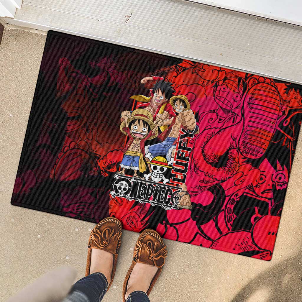 Luffy One Piece Red Theme Rubber Doormat with Straw Hat Crew and Gear Transformation Design - The Mazicc
