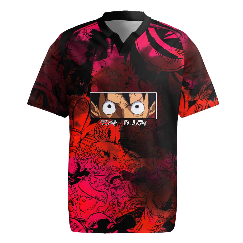 Luffy One Piece Red Theme Rugby Jersey with Straw Hat Crew and Gear Transformation Design - The Mazicc