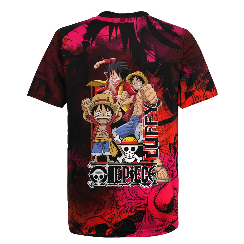 Luffy One Piece Red Theme Rugby Jersey with Straw Hat Crew and Gear Transformation Design - The Mazicc