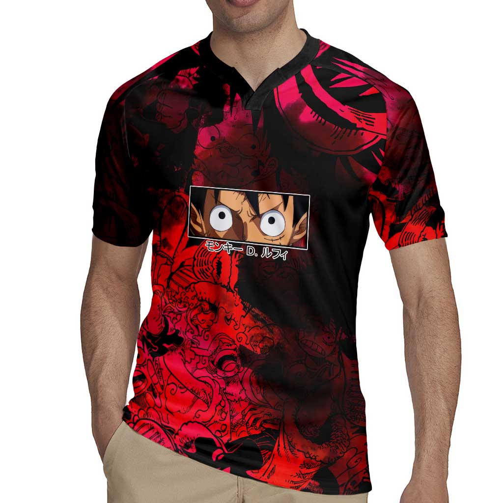 Luffy One Piece Red Theme Rugby Jersey with Straw Hat Crew and Gear Transformation Design - The Mazicc