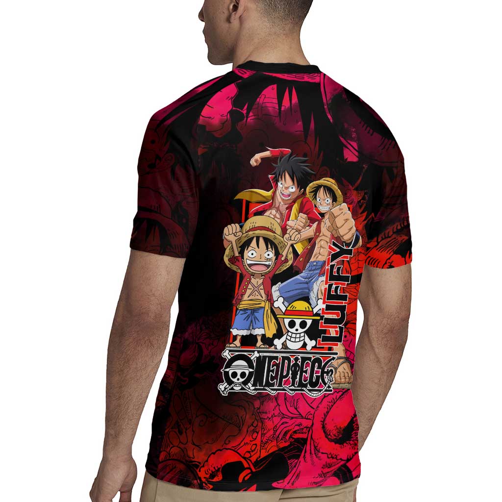 Luffy One Piece Red Theme Rugby Jersey with Straw Hat Crew and Gear Transformation Design - The Mazicc