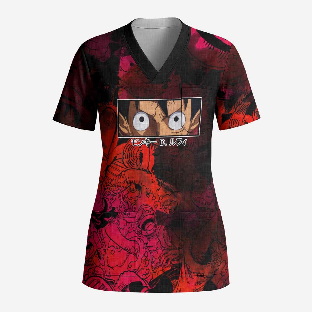 Luffy One Piece Red Theme Scrub Top with Straw Hat Crew and Gear Transformation Design - The Mazicc