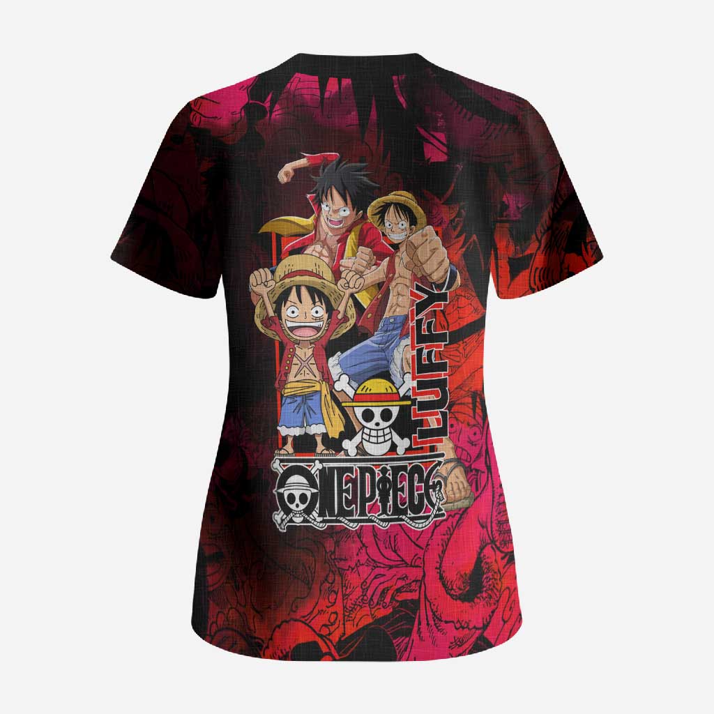 Luffy One Piece Red Theme Scrub Top with Straw Hat Crew and Gear Transformation Design - The Mazicc