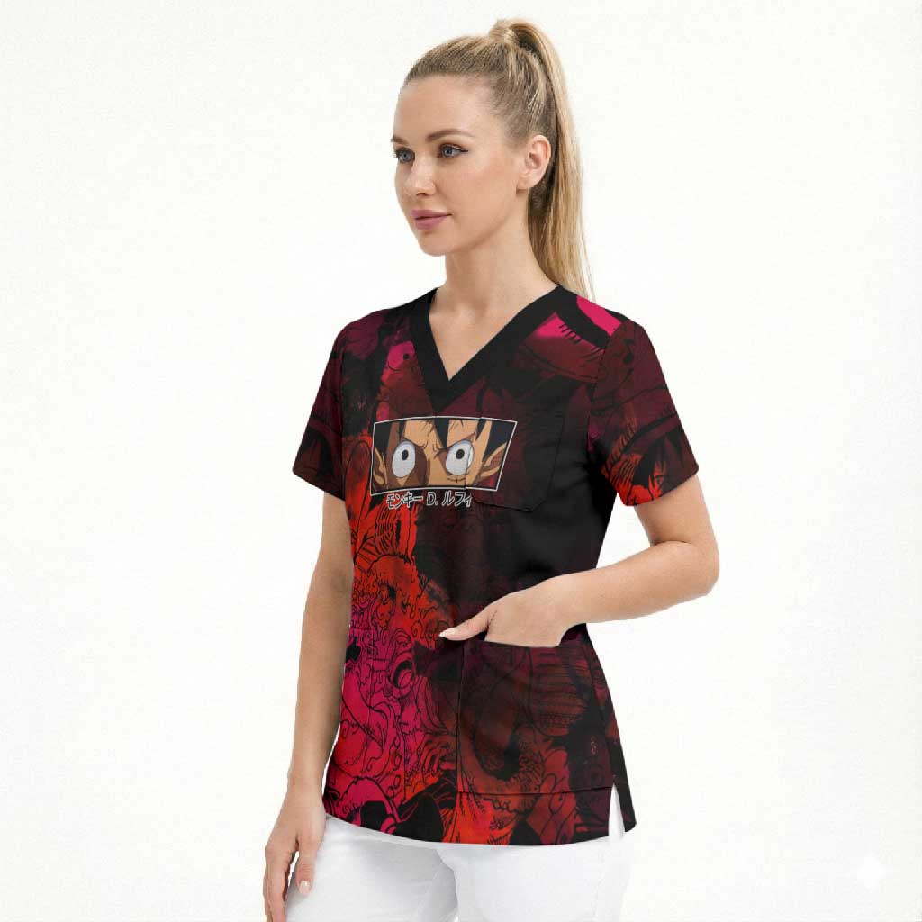 Luffy One Piece Red Theme Scrub Top with Straw Hat Crew and Gear Transformation Design - The Mazicc