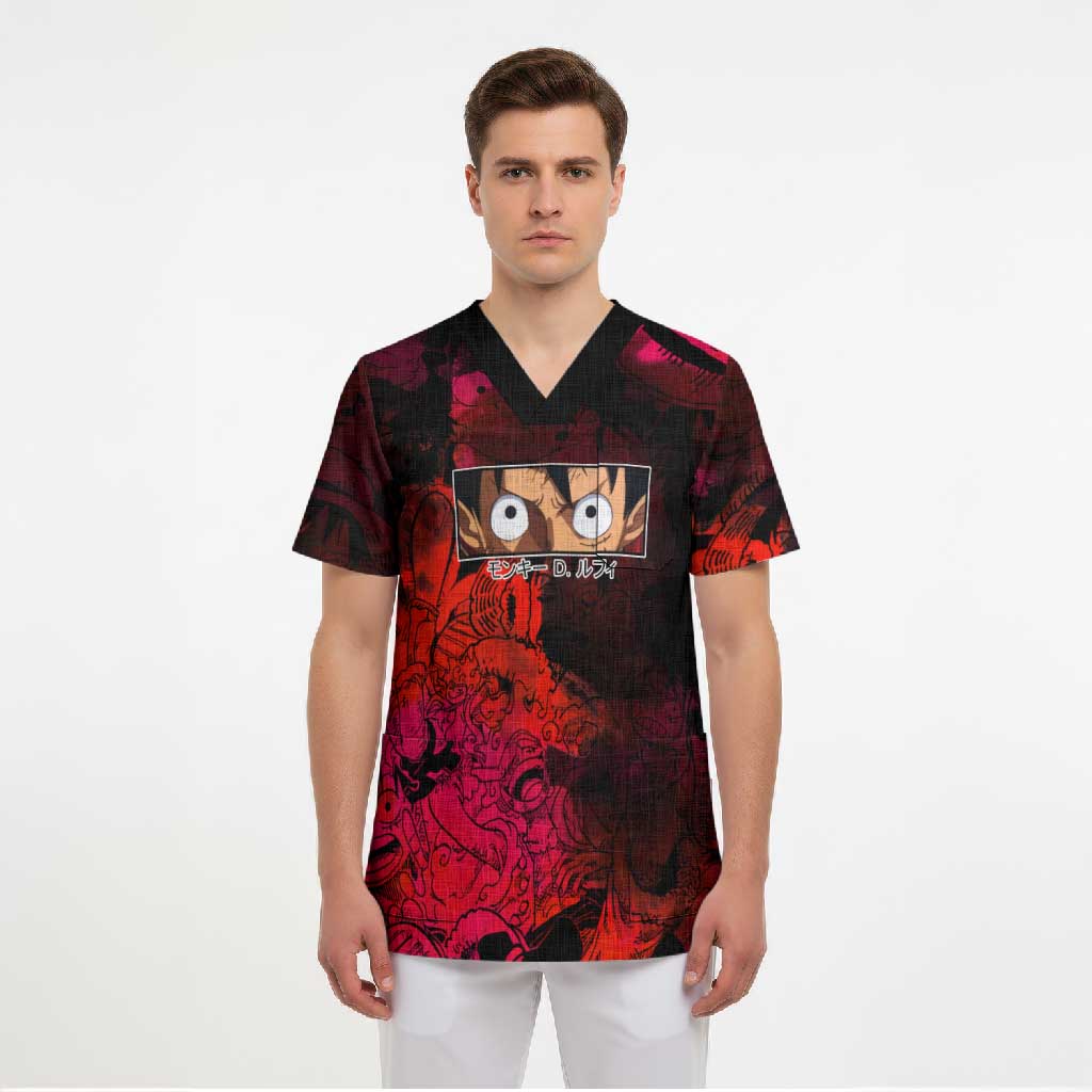 Luffy One Piece Red Theme Scrub Top with Straw Hat Crew and Gear Transformation Design - The Mazicc