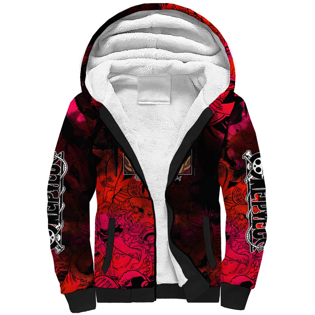 Luffy One Piece Red Theme Sherpa Hoodie with Straw Hat Crew and Gear Transformation Design - The Mazicc
