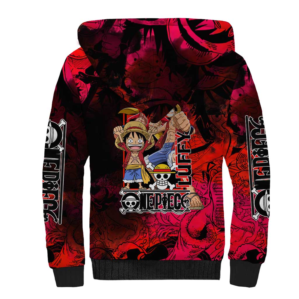 Luffy One Piece Red Theme Sherpa Hoodie with Straw Hat Crew and Gear Transformation Design - The Mazicc