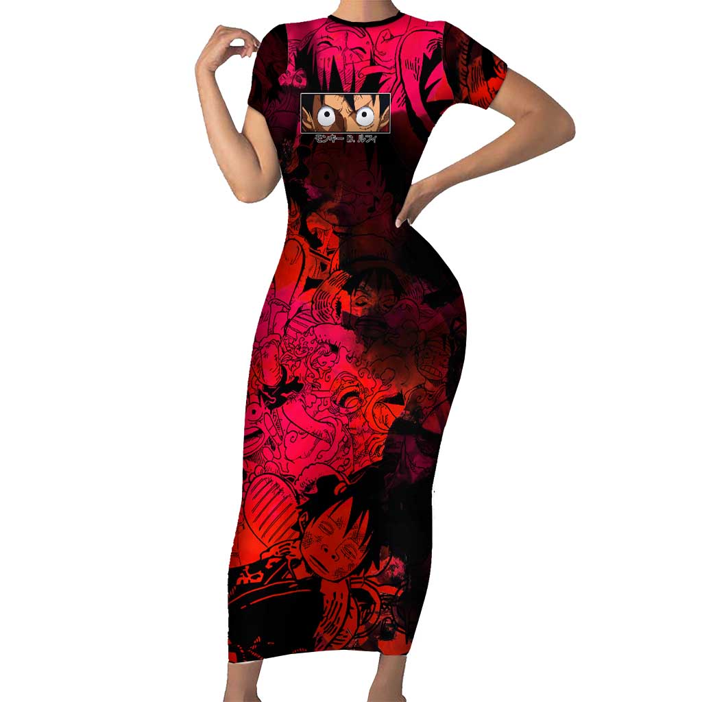 Luffy One Piece Red Theme Short Sleeve Bodycon Dress with Straw Hat Crew and Gear Transformation Design - The Mazicc