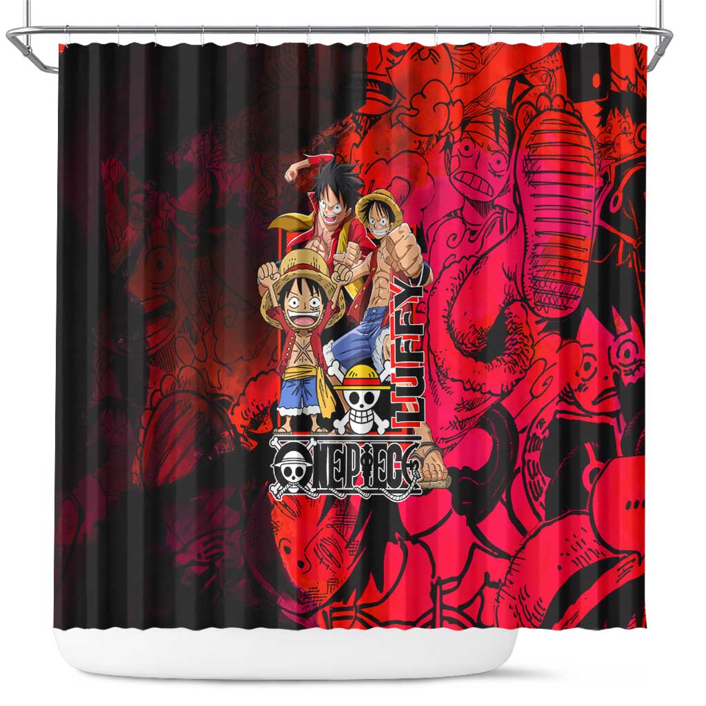 Luffy One Piece Red Theme Shower Curtain with Straw Hat Crew and Gear Transformation Design - The Mazicc