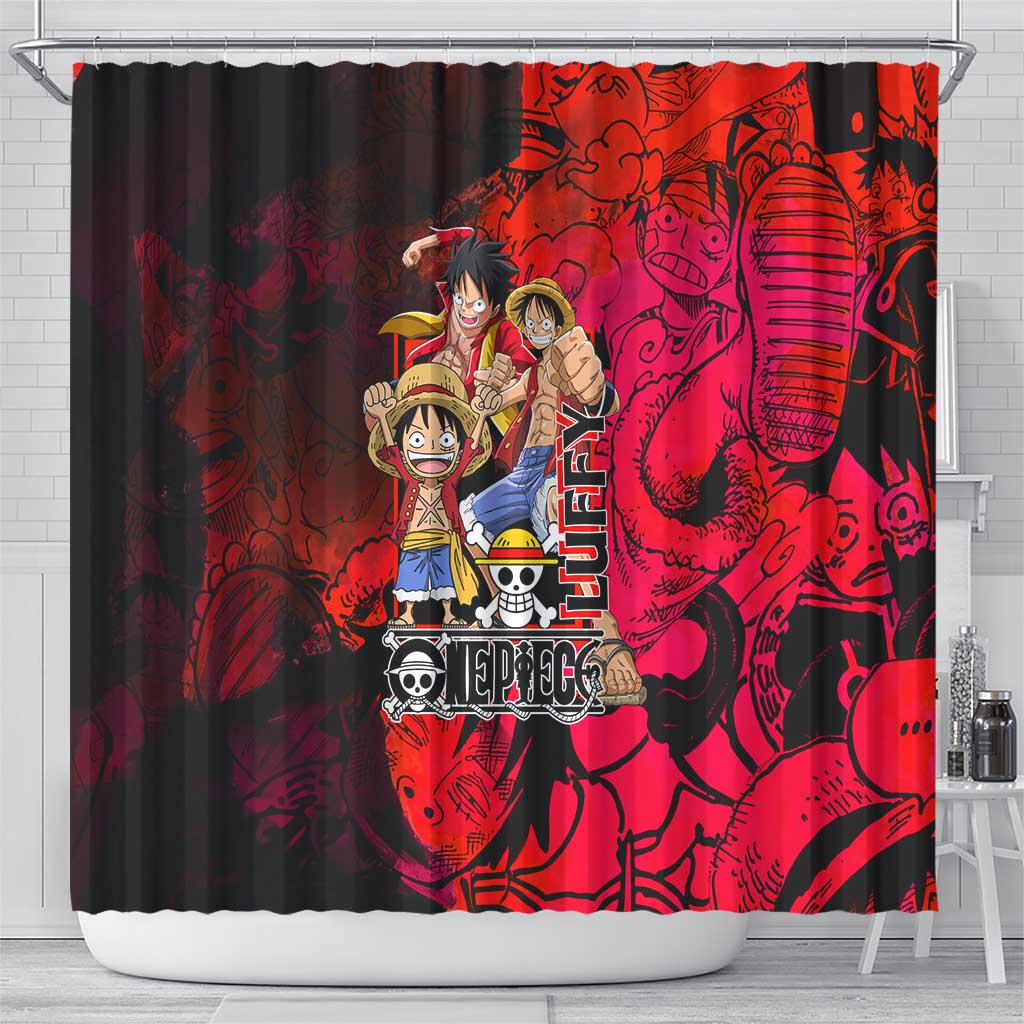 Luffy One Piece Red Theme Shower Curtain with Straw Hat Crew and Gear Transformation Design - The Mazicc