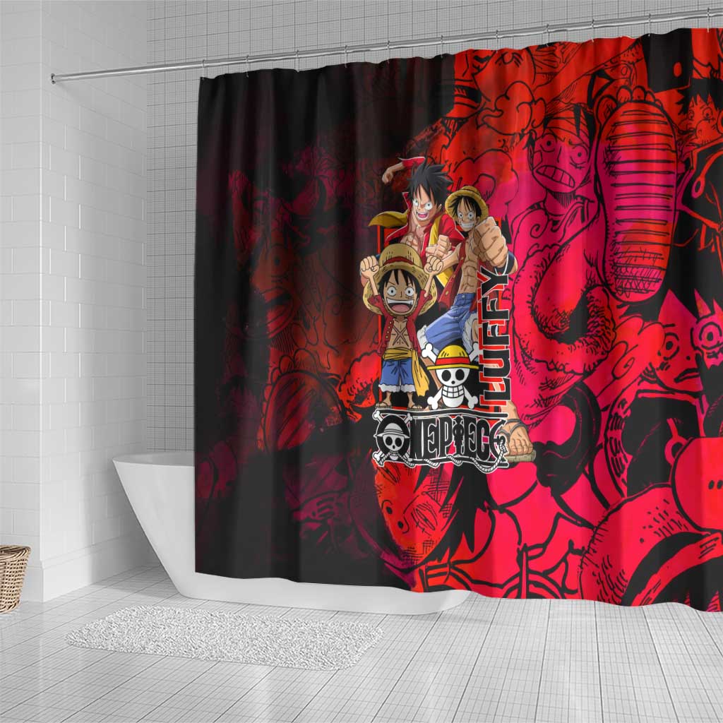 Luffy One Piece Red Theme Shower Curtain with Straw Hat Crew and Gear Transformation Design - The Mazicc