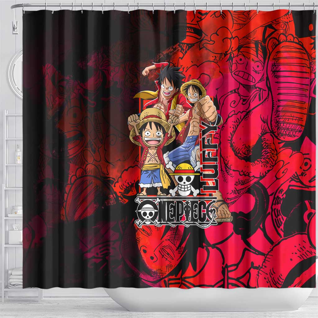 Luffy One Piece Red Theme Shower Curtain with Straw Hat Crew and Gear Transformation Design - The Mazicc