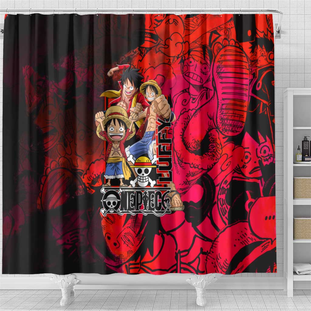 Luffy One Piece Red Theme Shower Curtain with Straw Hat Crew and Gear Transformation Design - The Mazicc