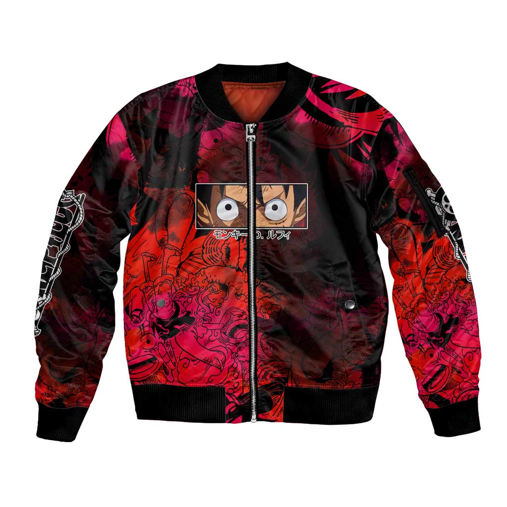 Luffy One Piece Red Theme Sleeve Zip Bomber Jacket with Straw Hat Crew and Gear Transformation Design - The Mazicc