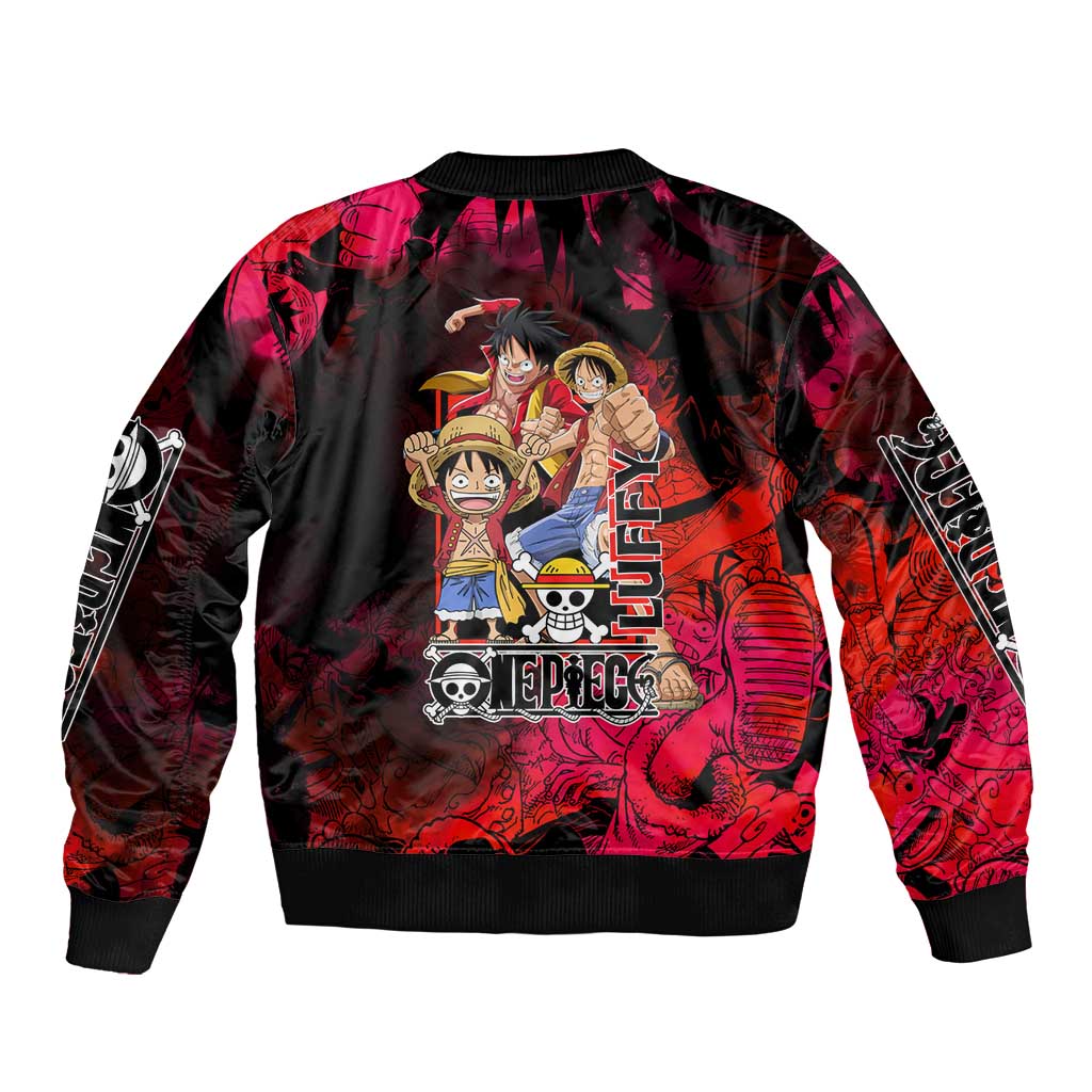Luffy One Piece Red Theme Sleeve Zip Bomber Jacket with Straw Hat Crew and Gear Transformation Design - The Mazicc