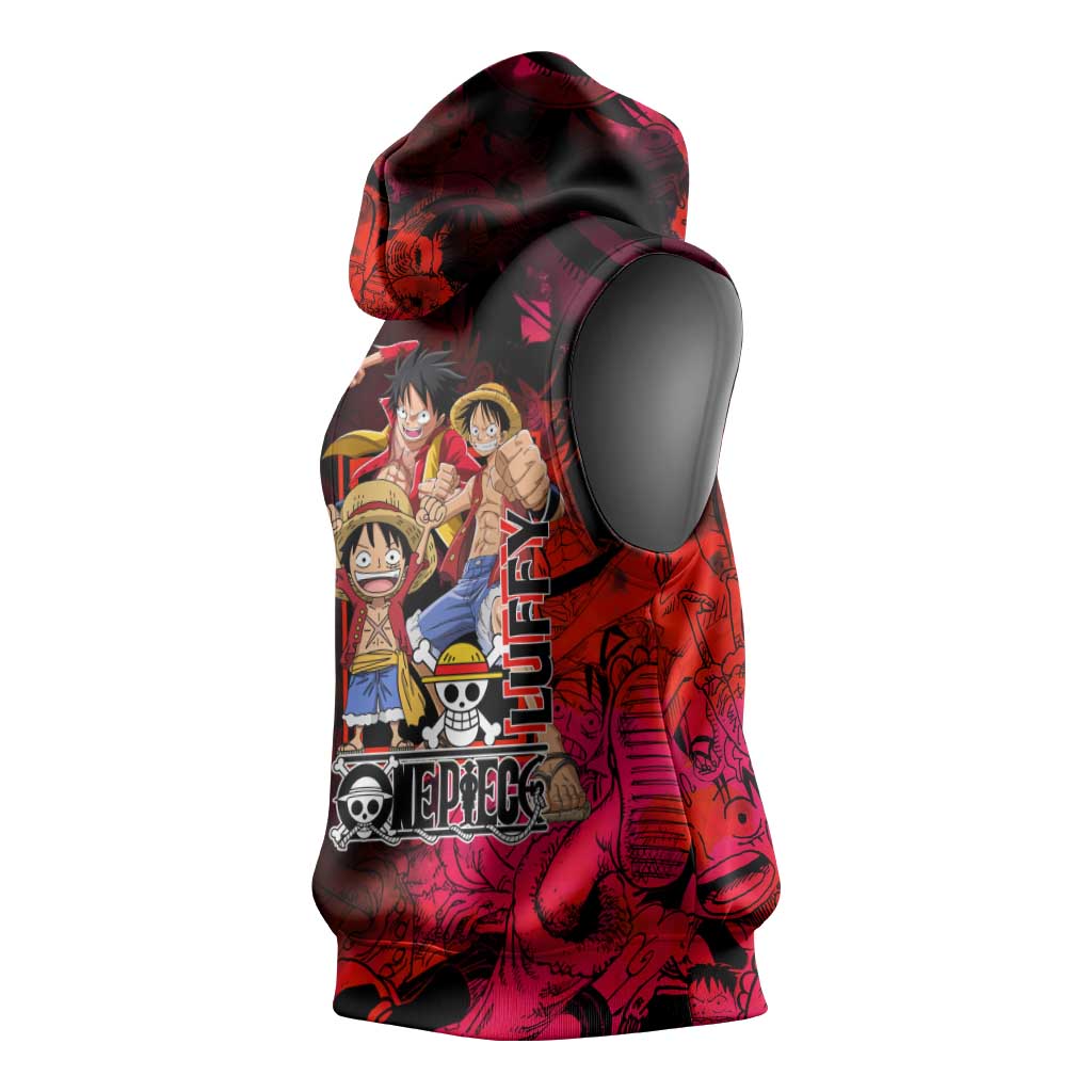Luffy One Piece Red Theme Sleeveless Hoodie with Straw Hat Crew and Gear Transformation Design - The Mazicc