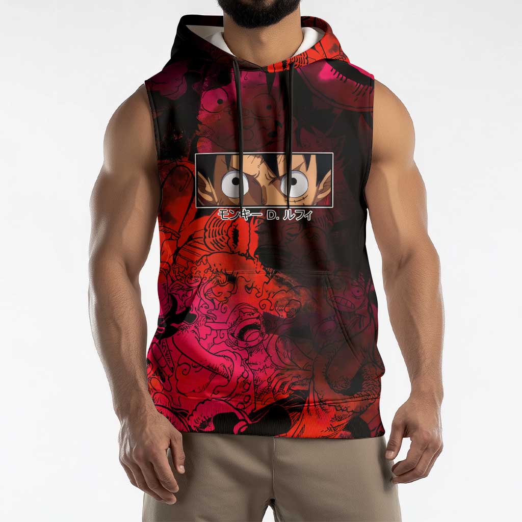 Luffy One Piece Red Theme Sleeveless Hoodie with Straw Hat Crew and Gear Transformation Design - The Mazicc