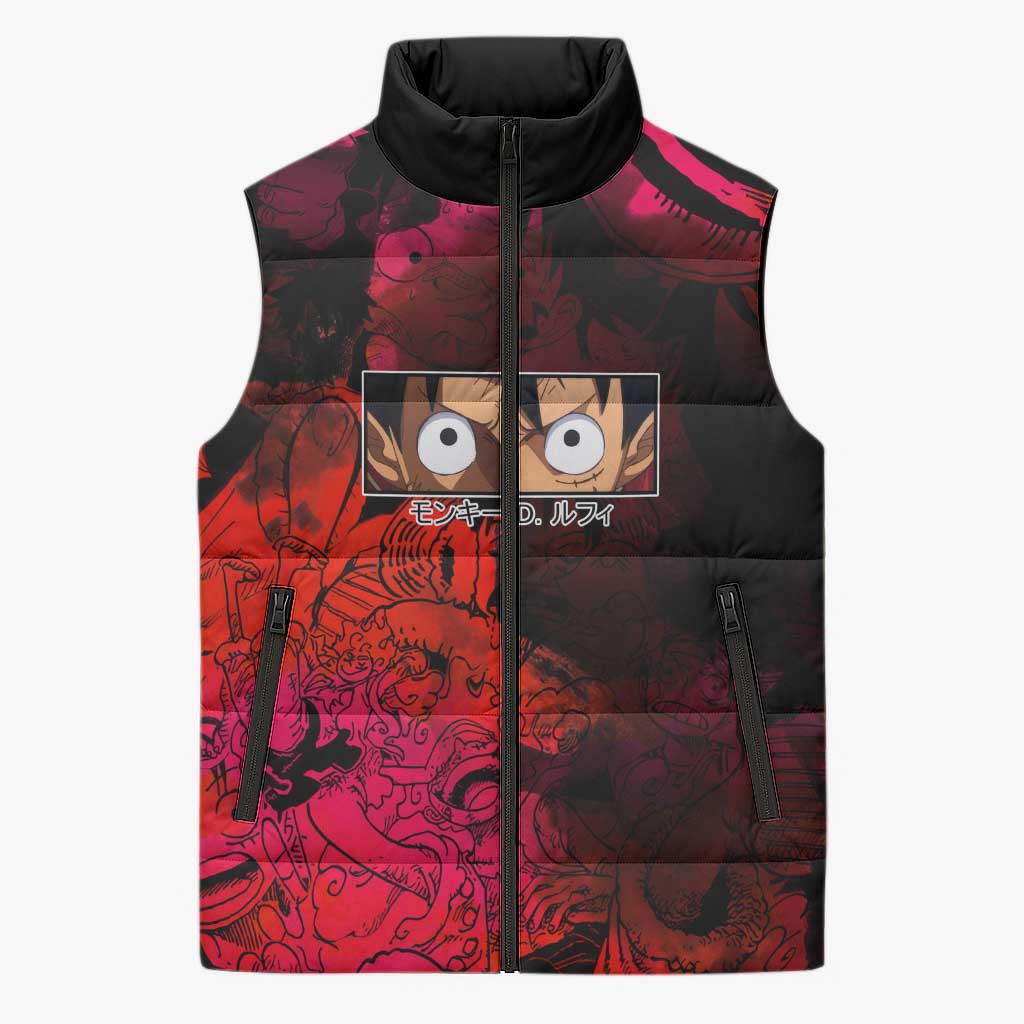 Luffy One Piece Red Theme Sleeveless Puffer Jacket with Straw Hat Crew and Gear Transformation Design - The Mazicc