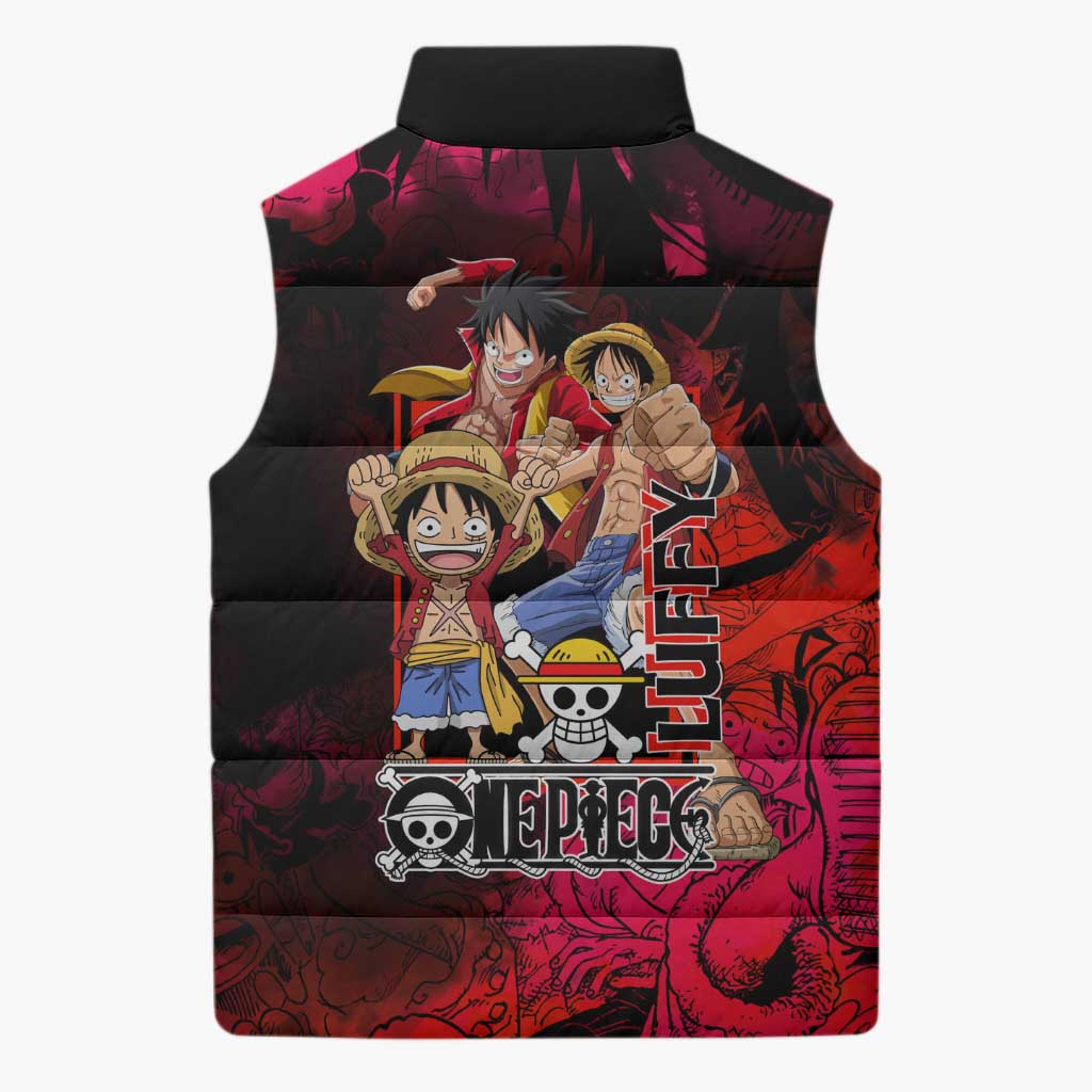 Luffy One Piece Red Theme Sleeveless Puffer Jacket with Straw Hat Crew and Gear Transformation Design - The Mazicc