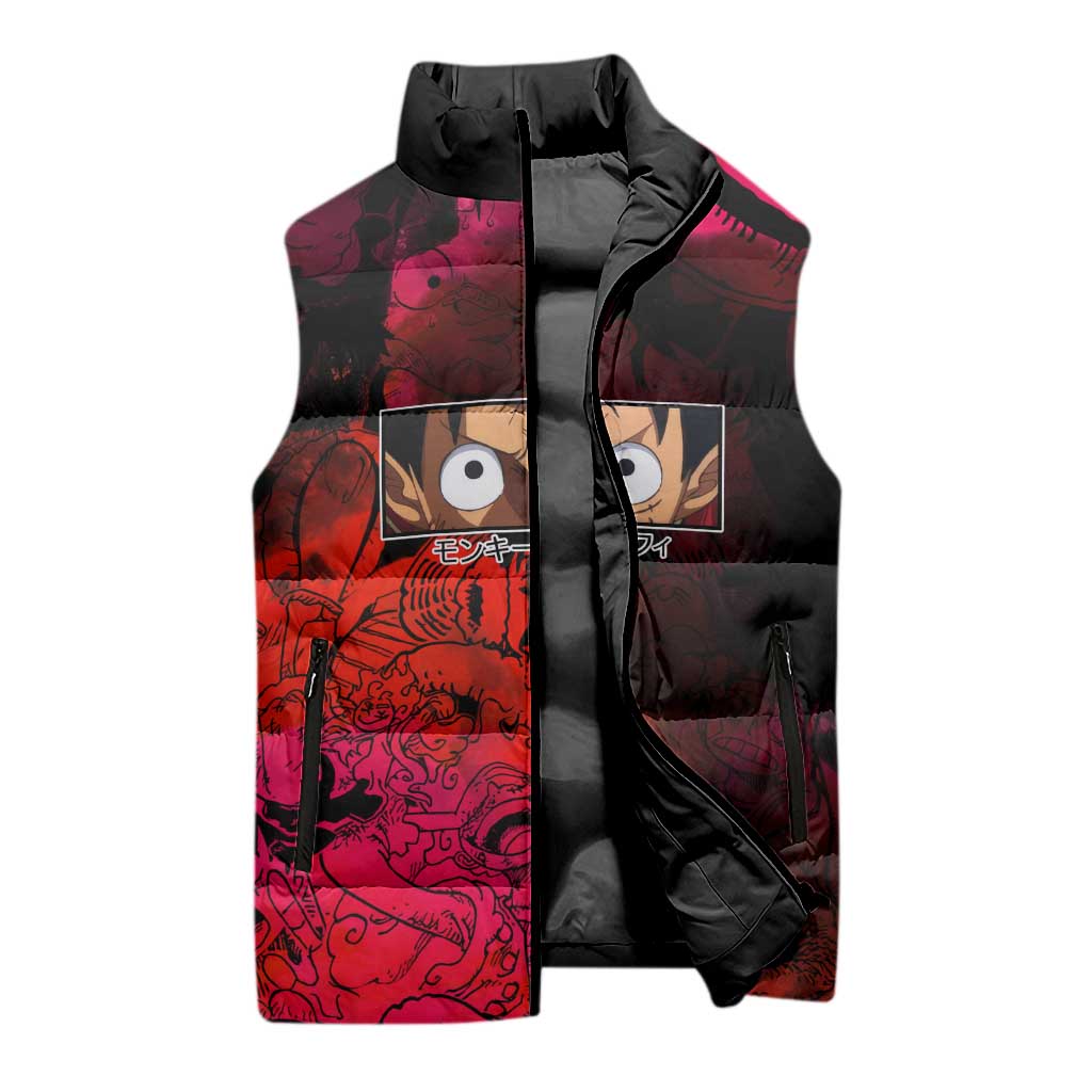 Luffy One Piece Red Theme Sleeveless Puffer Jacket with Straw Hat Crew and Gear Transformation Design - The Mazicc
