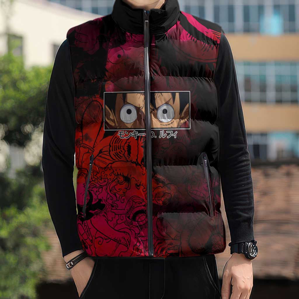 Luffy One Piece Red Theme Sleeveless Puffer Jacket with Straw Hat Crew and Gear Transformation Design - The Mazicc