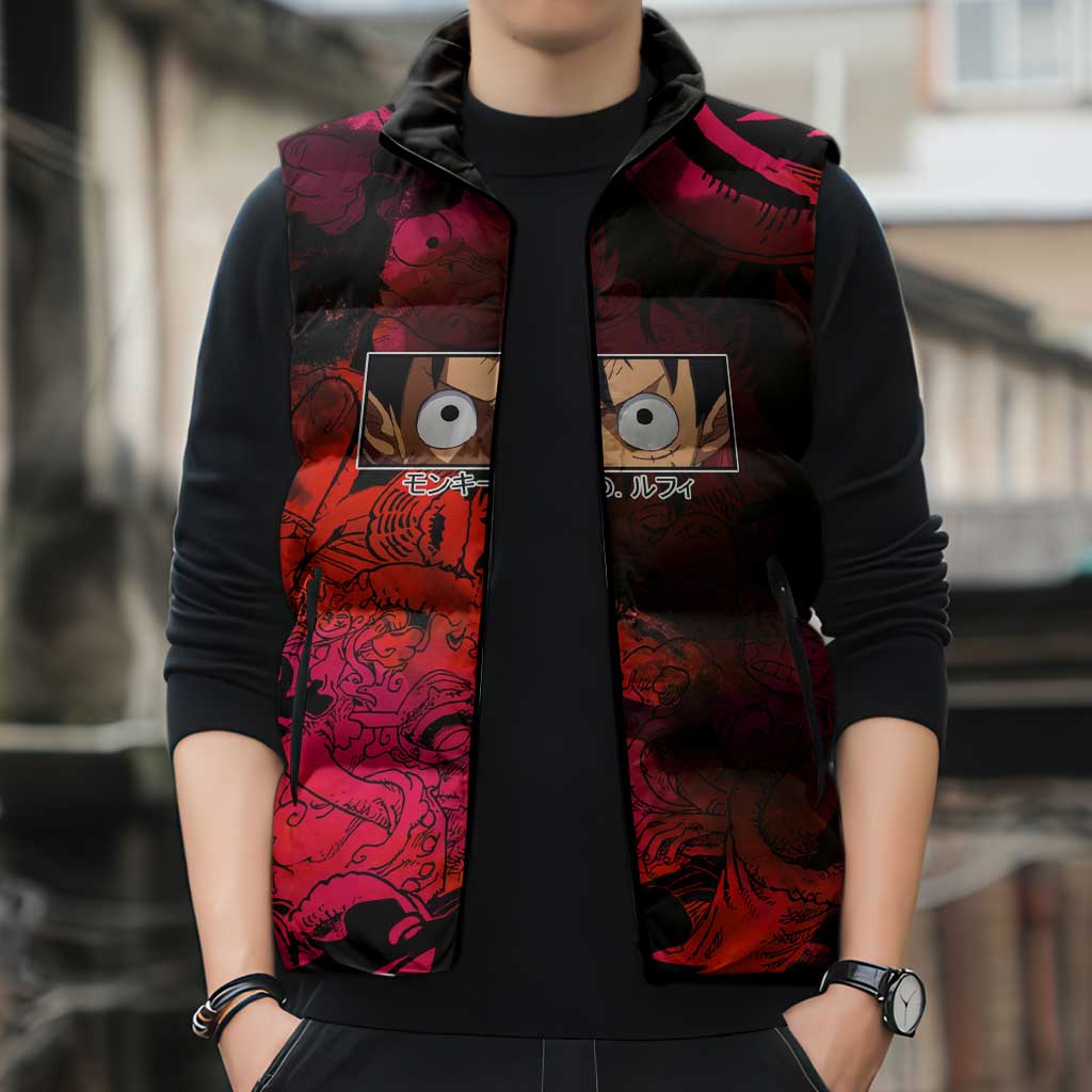 Luffy One Piece Red Theme Sleeveless Puffer Jacket with Straw Hat Crew and Gear Transformation Design - The Mazicc