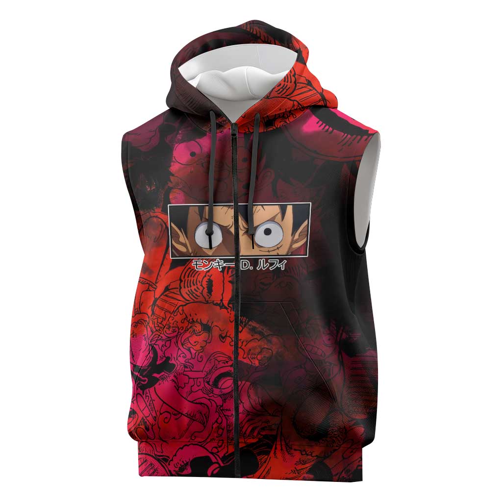 Luffy One Piece Red Theme Sleeveless Zip Hoodie with Straw Hat Crew and Gear Transformation Design - The Mazicc