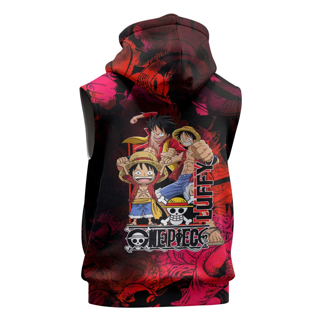 Luffy One Piece Red Theme Sleeveless Zip Hoodie with Straw Hat Crew and Gear Transformation Design - The Mazicc