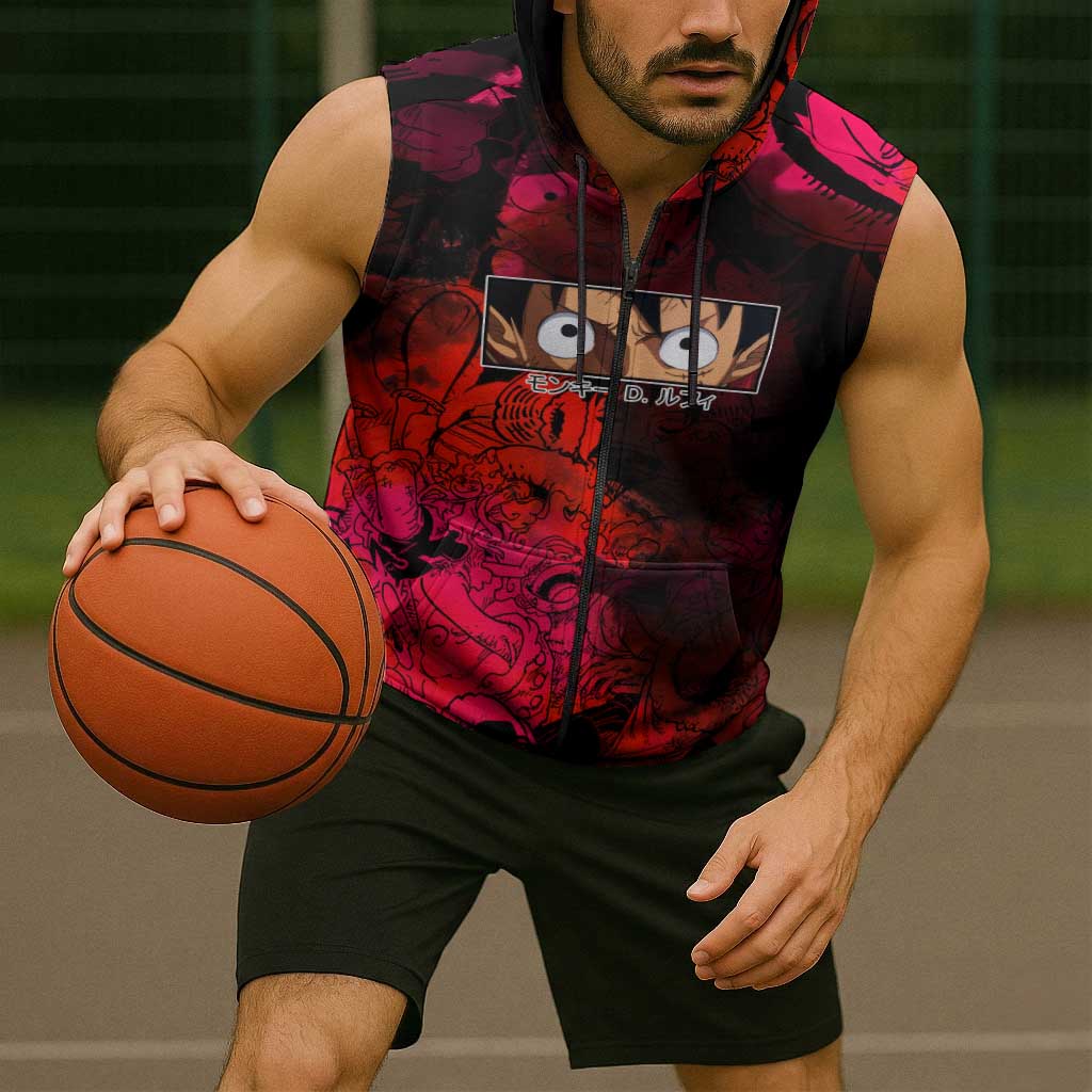 Luffy One Piece Red Theme Sleeveless Zip Hoodie with Straw Hat Crew and Gear Transformation Design - The Mazicc