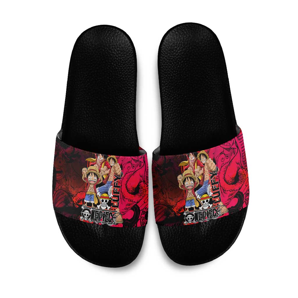 Luffy One Piece Red Theme Slide Sandals with Straw Hat Crew and Gear Transformation Design - The Mazicc