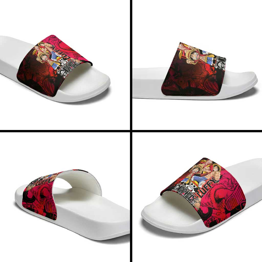 Luffy One Piece Red Theme Slide Sandals with Straw Hat Crew and Gear Transformation Design - The Mazicc
