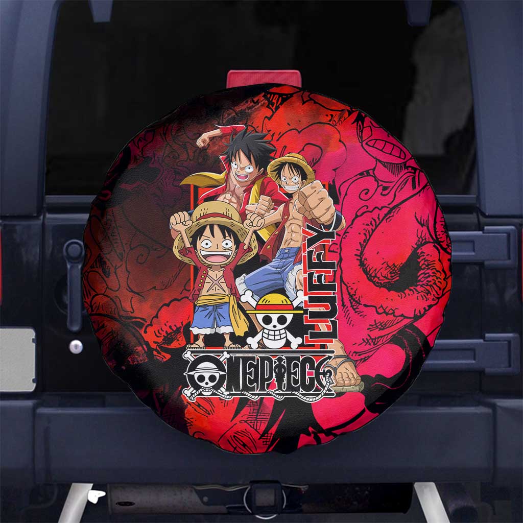 Luffy One Piece Red Theme Spare Tire Cover with Straw Hat Crew and Gear Transformation Design - The Mazicc
