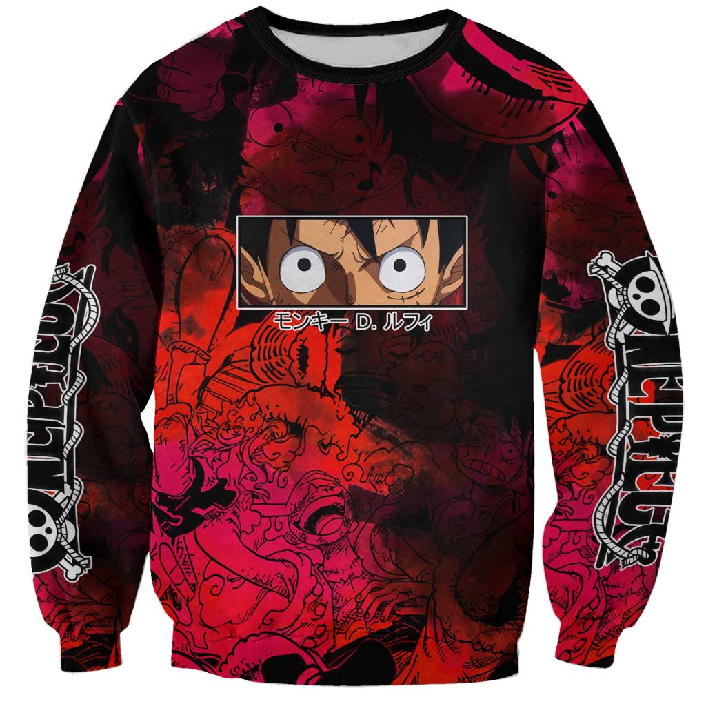 Luffy One Piece Red Theme Sweatshirt with Straw Hat Crew and Gear Transformation Design - The Mazicc