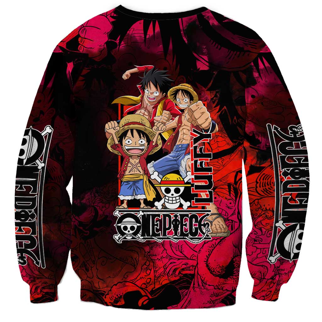 Luffy One Piece Red Theme Sweatshirt with Straw Hat Crew and Gear Transformation Design - The Mazicc