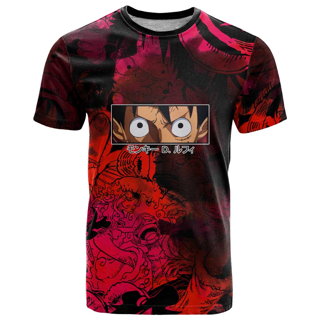 Luffy One Piece Red Theme T Shirt with Straw Hat Crew and Gear Transformation Design - The Mazicc