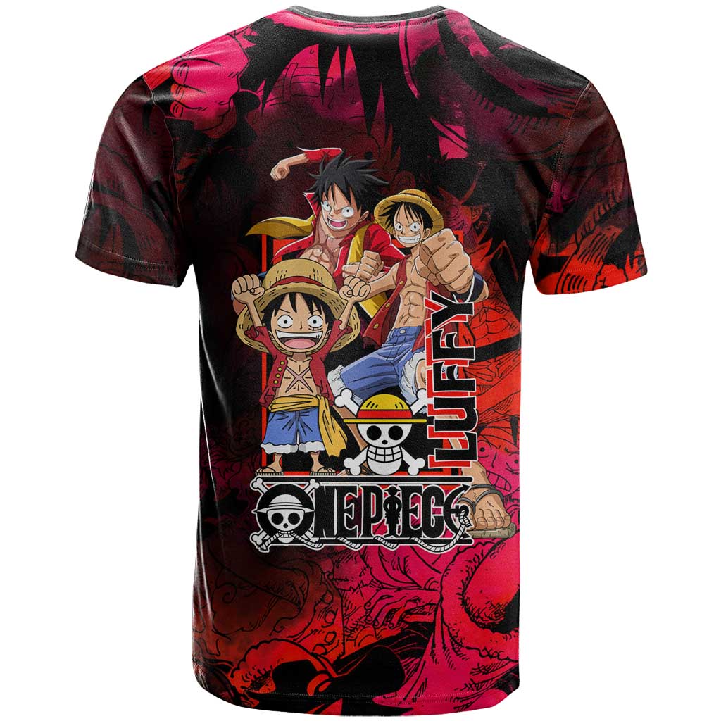 Luffy One Piece Red Theme T Shirt with Straw Hat Crew and Gear Transformation Design - The Mazicc