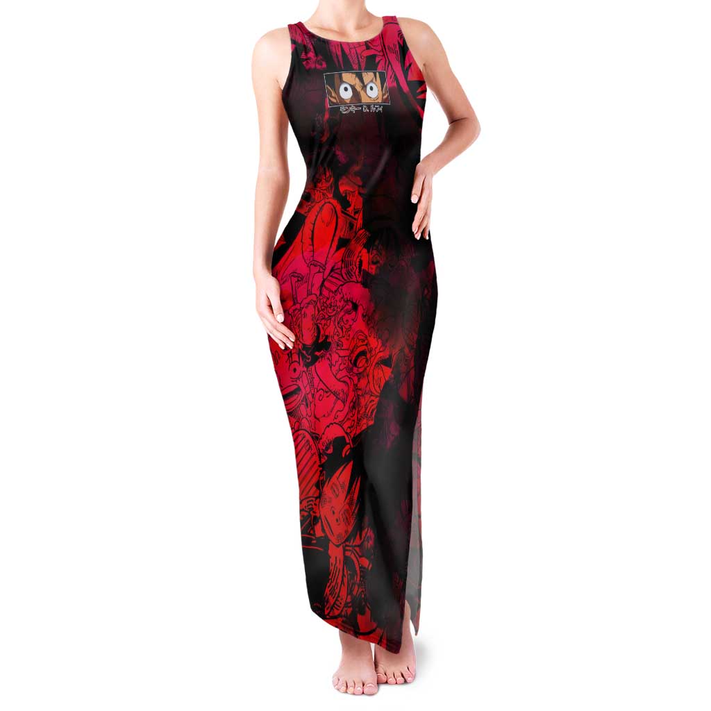 Luffy One Piece Red Theme Tank Maxi Dress with Straw Hat Crew and Gear Transformation Design - The Mazicc