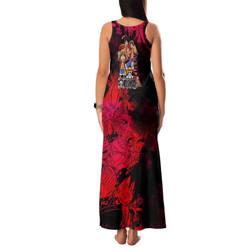 Luffy One Piece Red Theme Tank Maxi Dress with Straw Hat Crew and Gear Transformation Design - The Mazicc