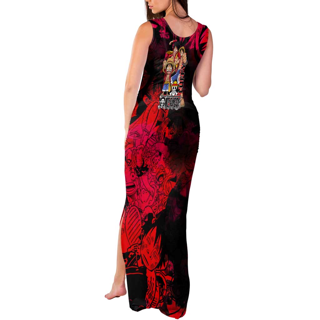 Luffy One Piece Red Theme Tank Maxi Dress with Straw Hat Crew and Gear Transformation Design - The Mazicc