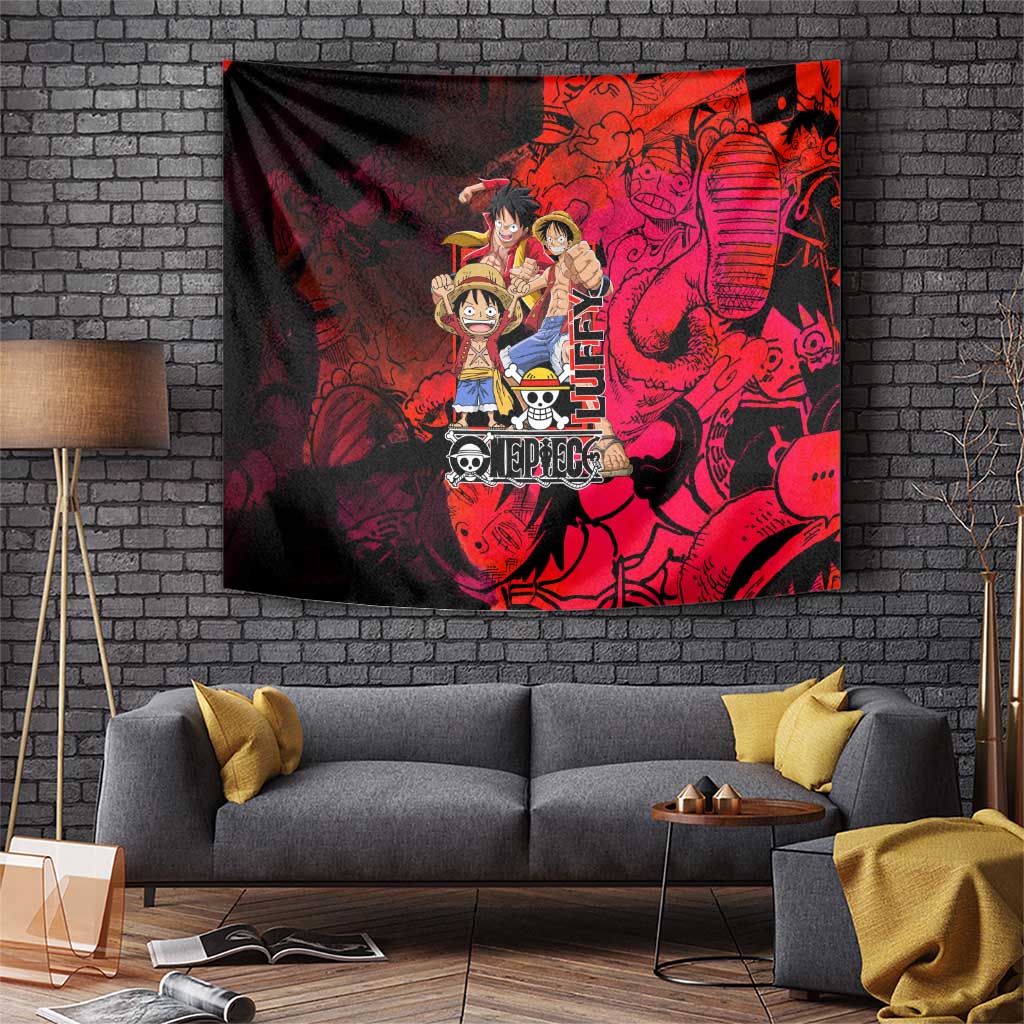Luffy One Piece Red Theme Tapestry with Straw Hat Crew and Gear Transformation Design - The Mazicc