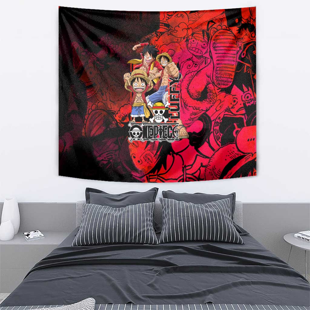 Luffy One Piece Red Theme Tapestry with Straw Hat Crew and Gear Transformation Design - The Mazicc