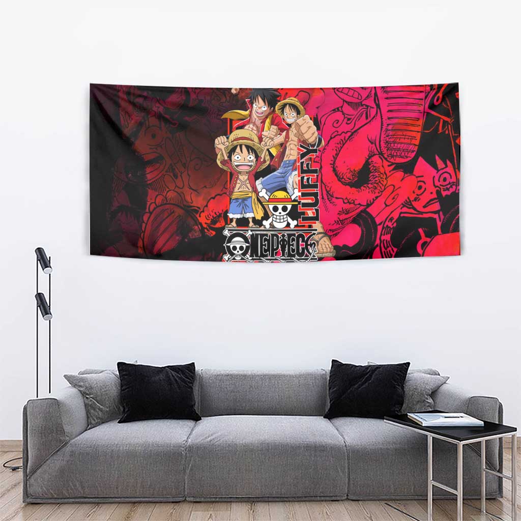 Luffy One Piece Red Theme Tapestry with Straw Hat Crew and Gear Transformation Design - The Mazicc