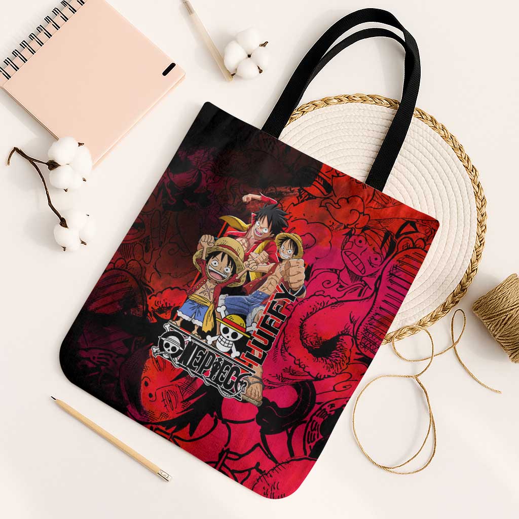 Luffy One Piece Red Theme Tote Bag with Straw Hat Crew and Gear Transformation Design - The Mazicc